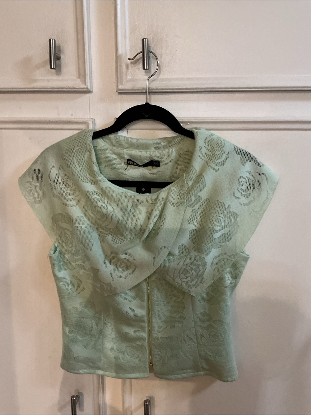 Ina Mint Green Floral Jacquard Draped Cowl Neck Top